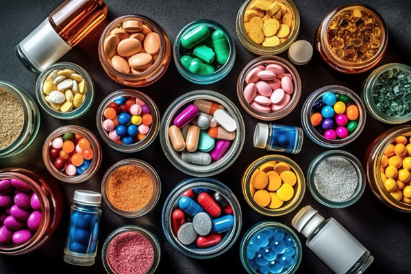 Many pills and capsules of various types displayed together, representing a wide range of medications.